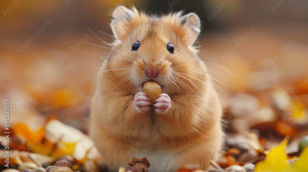 A small, fluffy hamster sits in a bed of autumn leaves, eating a nut A small, fluffy hamster sits in a bed of autumn leaves, eating a nut