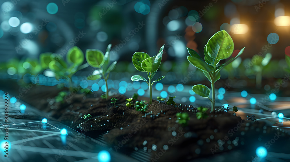 Young plants thriving in a high-tech indoor farming setup, showcasing the integration of technology and agriculture for optimized growth. Young plants thriving in a high-tech indoor farming setup, showcasing the integration of technology and agriculture for optimized growth.