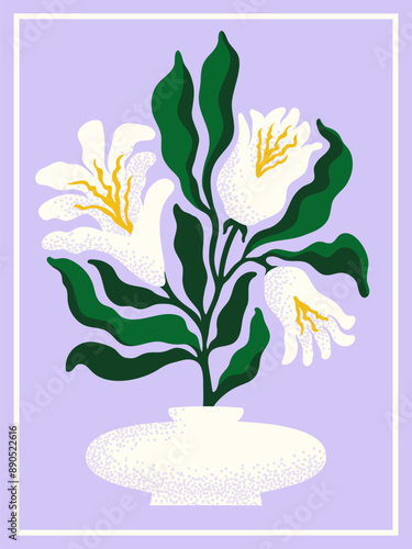 Floral Abstract contemporary poster. White flowers in a vase on a lilac backg...
