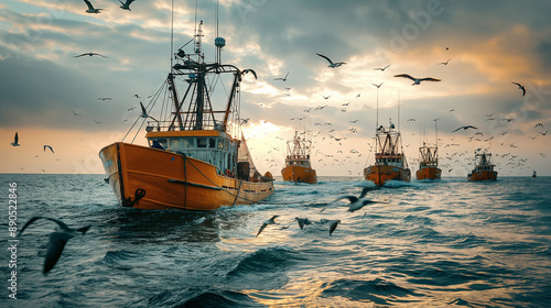 Wallpaper Mural fishing fleet with boats and nets catching fish, which are then processed Torontodigital.ca