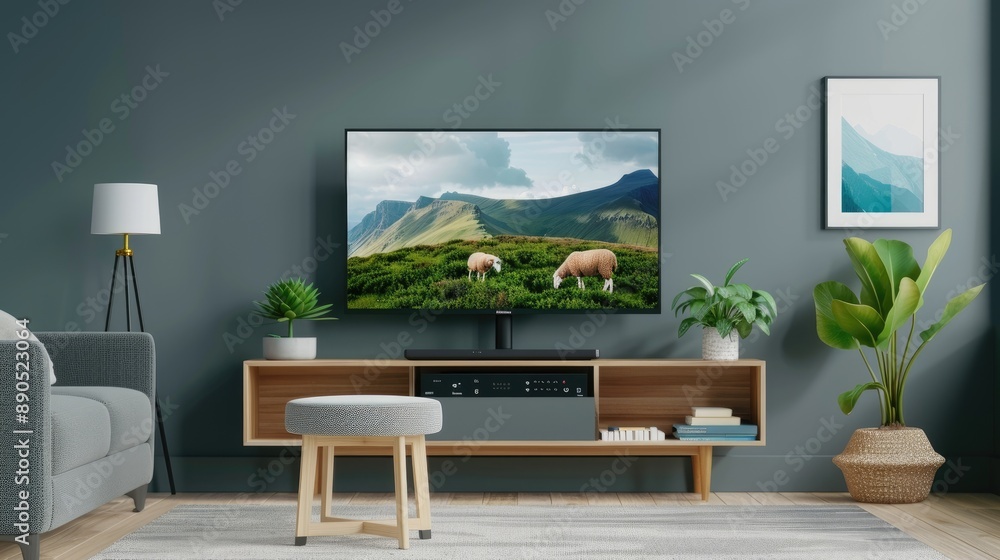 Fototapeta premium A modern living room with a flat screen television on a stand displaying a landscape scene with sheep grazing