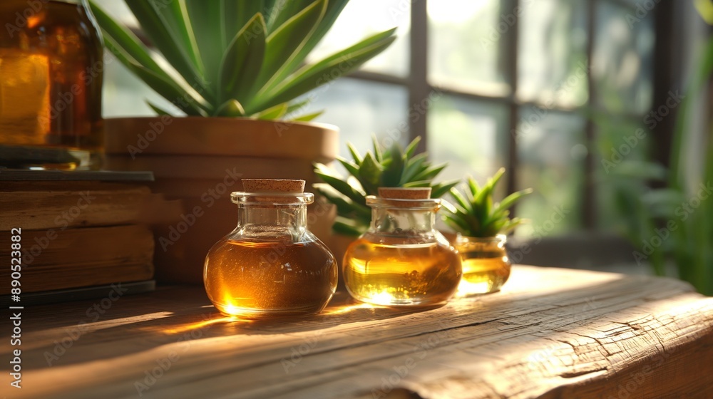 Aloe vera essential oil, agave oil and plant on wooden background Aloe vera essential oil, agave oil and plant on wooden background