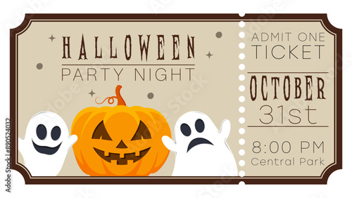 halloween party night ticket with ghost and pumpkin, admit one ticket 
