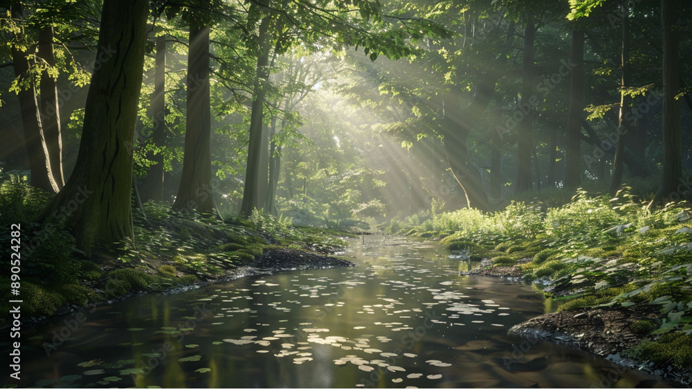 Forest with Gentle Stream and Sunbeams