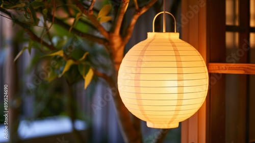 Japanese Paper Lantern Hanging From Tree Branch.