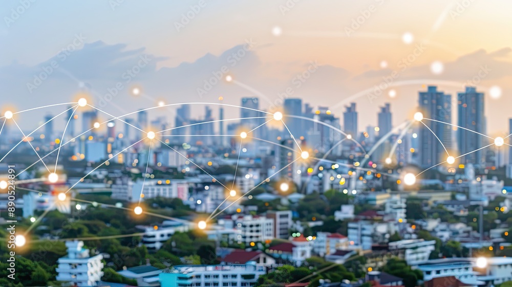 Fototapeta premium A blurred city skyline with buildings and trees at sunset, illuminated by a network of glowing lights, connected by lines, resembling a digital network.