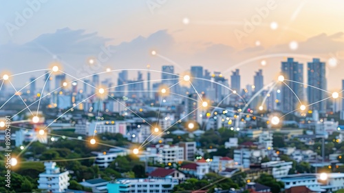 A blurred city skyline with buildings and trees at sunset, illuminated by a network of glowing lights, connected by lines, resembling a digital network.