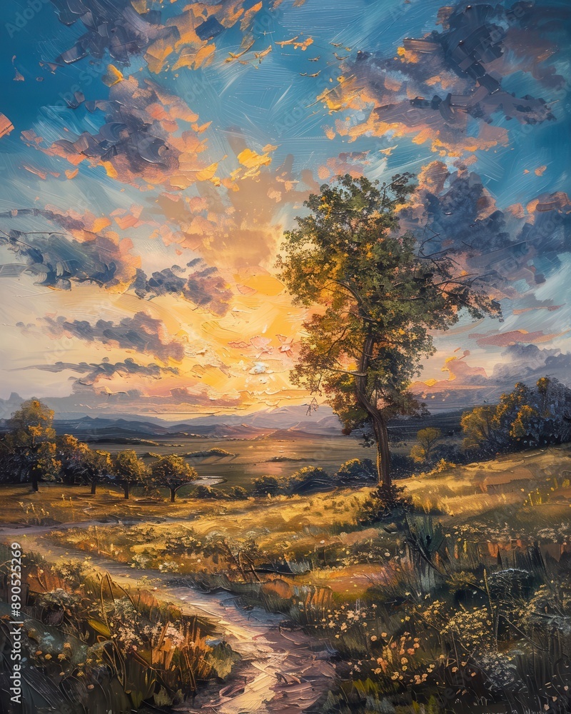 Beautiful sunset over a serene landscape with a tree and meandering path, perfect for nature, travel, and outdoor enthusiasts. Beautiful sunset over a serene landscape with a tree and meandering path, perfect for nature, travel, and outdoor enthusiasts.