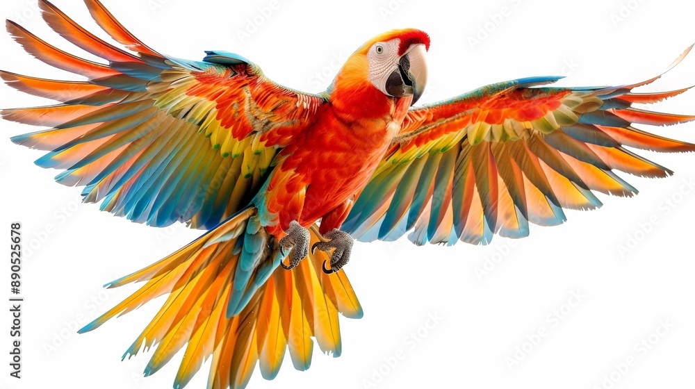 Obraz premium A scarlet macaw with bright red, yellow, and blue feathers flies with its wings fully extended against a white background