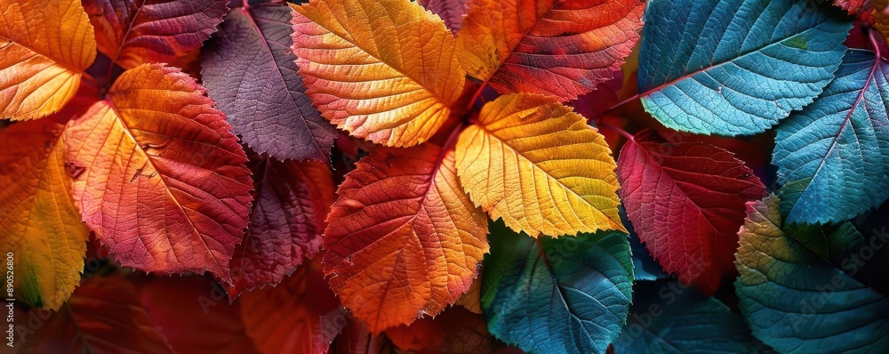 Vibrant autumn leaves in shades of red, orange, yellow, purple, and blue. Vibrant autumn leaves in shades of red, orange, yellow, purple, and blue.