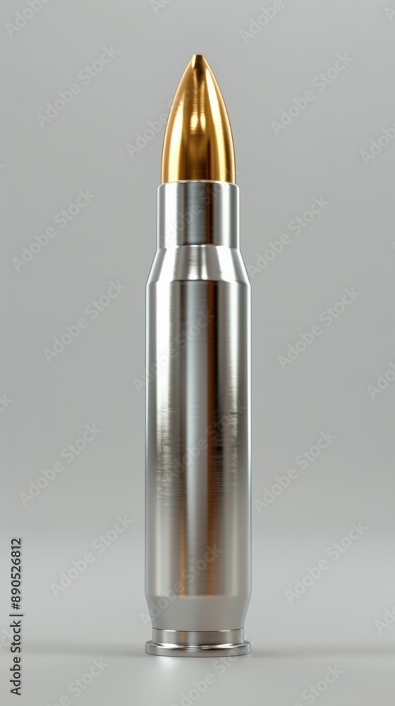 Hyper-realistic silver bullet with golden tip on a grey background.
