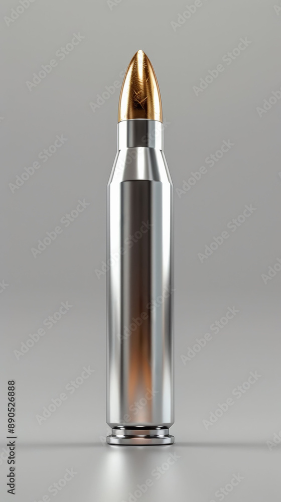 Hyper-realistic silver bullet with golden tip on a grey background.
Hyper-realistic silver bullet with golden tip on a grey background.