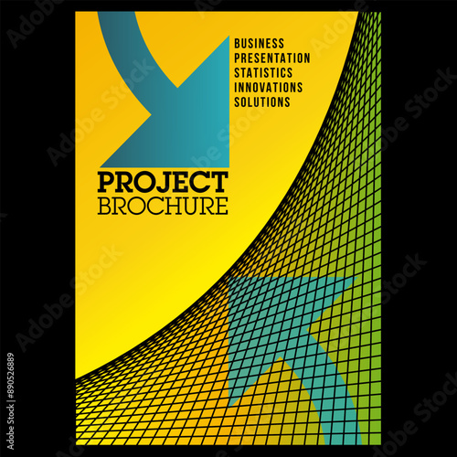 Couverture de flyer, catalogue ou brochure, graphique et moderne avec un fond jaune et des flèches bleues.