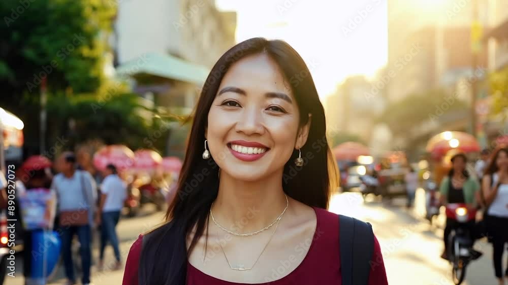 Woman smiling walking on a city street Woman smiling walking on a city street