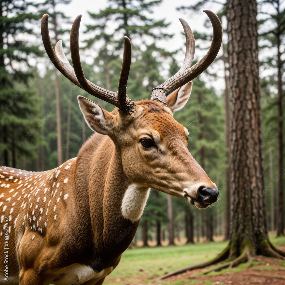 Fototapeta premium Majestic Spotted Deer with Antlers in a Lush Forest Habitat