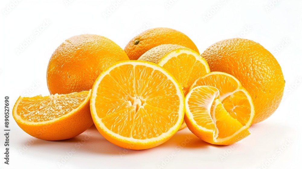 Whole and Sliced Vibrant Oranges on Clean White Background Whole and Sliced Vibrant Oranges on Clean White Background