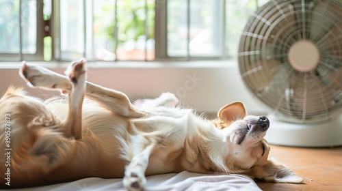 A dog is stretched out in front of a fan, with its legs in the air. Another dog is sleeping upside down in its bed. These are ways to keep pets cool in hot weather.