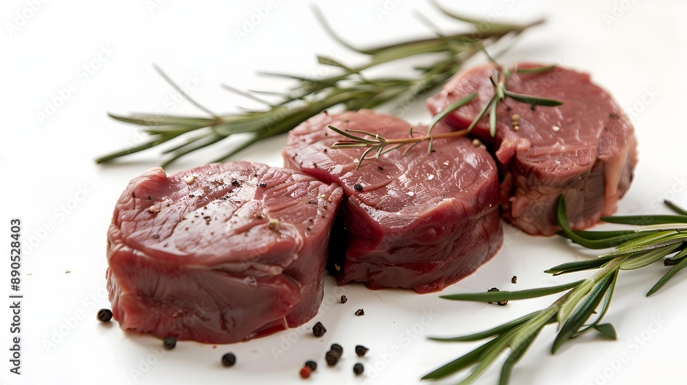 Freshly Cut Meat Medallions on White Backdrop for Gourmet Cuisine Freshly Cut Meat Medallions on White Backdrop for Gourmet Cuisine
