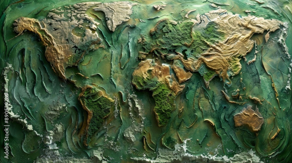 Conceptual world map depicted with mold and earthy textures, highlighting landmasses and continents in green and earthy tones. Conceptual world map depicted with mold and earthy textures, highlighting landmasses and continents in green and earthy tones.