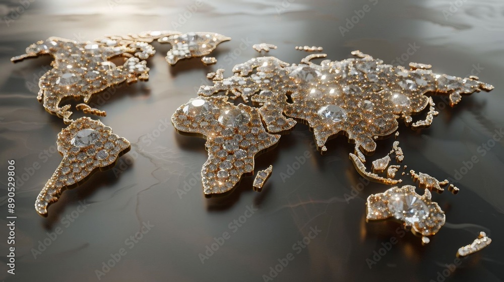 A world map with countries depicted as diamonds, creating a glittering and luxurious representation of global geography. A world map with countries depicted as diamonds, creating a glittering and luxurious representation of global geography.