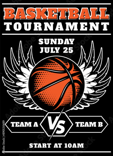 Basketball match poster with ball and text on black background.