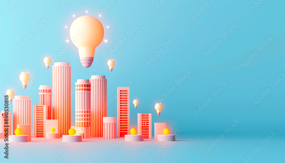 Creative cityscape with giant light bulbs representing ideas and innovation, set against a vibrant blue background. Creative cityscape with giant light bulbs representing ideas and innovation, set against a vibrant blue background.