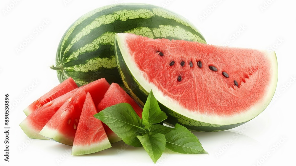 A juicy red watermelon sits alone on a white background. Its green leaves are fresh and crisp. The watermelon's smooth skin is perfect for a tasty snack. A juicy red watermelon sits alone on a white background. Its green leaves are fresh and crisp. The watermelon's smooth skin is perfect for a tasty snack.