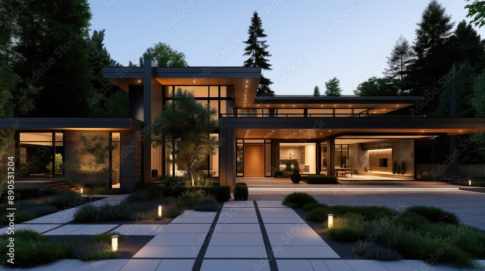 Modern two-story house with large windows, surrounded by greenery, featuring a sleek architectural design and illuminated pathways at dusk. Modern two-story house with large windows, surrounded by greenery, featuring a sleek architectural design and illuminated pathways at dusk.
