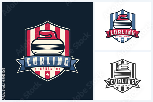 Curling logo sport design template, curling sport emblem vector, curling game tournament logo badge design vector illustration