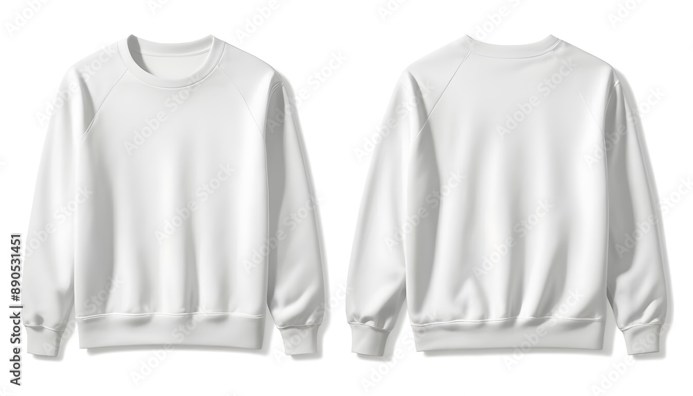 A plain white sweatshirt displayed from the front and back. The sweatshirt features a round neckline, long sleeves, and ribbed cuffs and hem. The fabric appears smooth and soft, with no visible logos A plain white sweatshirt displayed from the front and back. The sweatshirt features a round neckline, long sleeves, and ribbed cuffs and hem. The fabric appears smooth and soft, with no visible logos