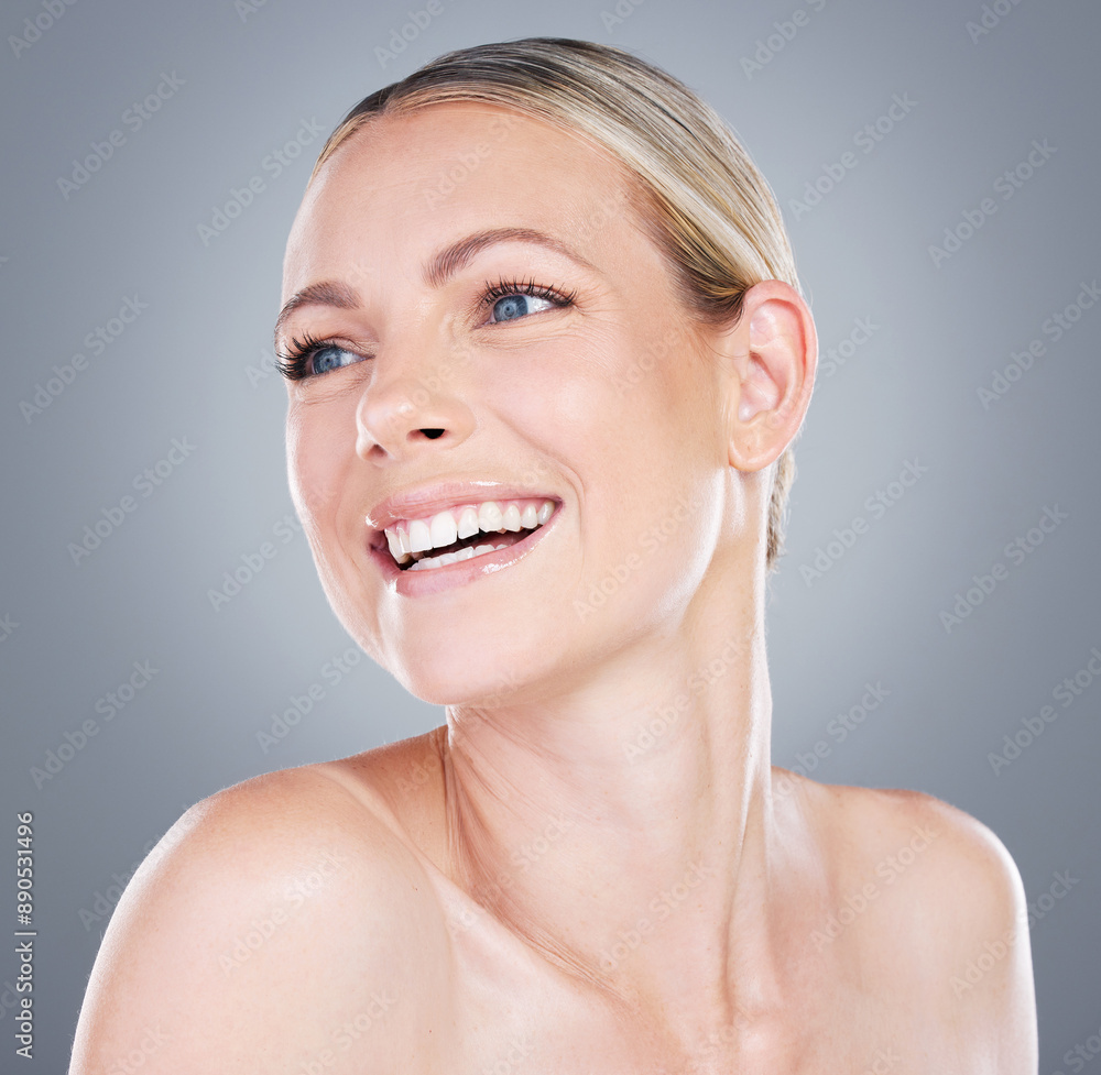 © peopleimages.com - Beauty, mature woman and skincare in studio with glowing skin, anti aging treatment results and happy with facial. Dermatology progress, person and natural glow with face health on grey background © peopleimages.com - Beauty, mature woman and skincare in studio with glowing skin, anti aging treatment results and happy with facial. Dermatology progress, person and natural glow with face health on grey background