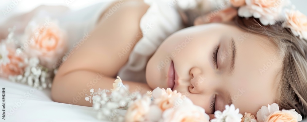 Toddler sleeping peacefully on a bed of delicate flowers, soft pastels, serene scene, delicate toddler, peaceful slumber Toddler sleeping peacefully on a bed of delicate flowers, soft pastels, serene scene, delicate toddler, peaceful slumber