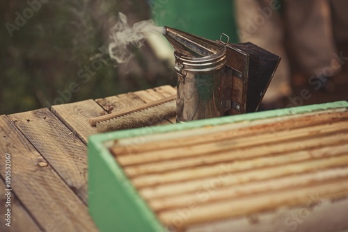 Rural and natural beekeeper, working to collect honey from hives