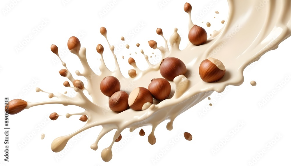 Fototapeta premium Hazelnuts splashing in a creamy liquid, with droplets and splashes creating dynamic movement against a white background