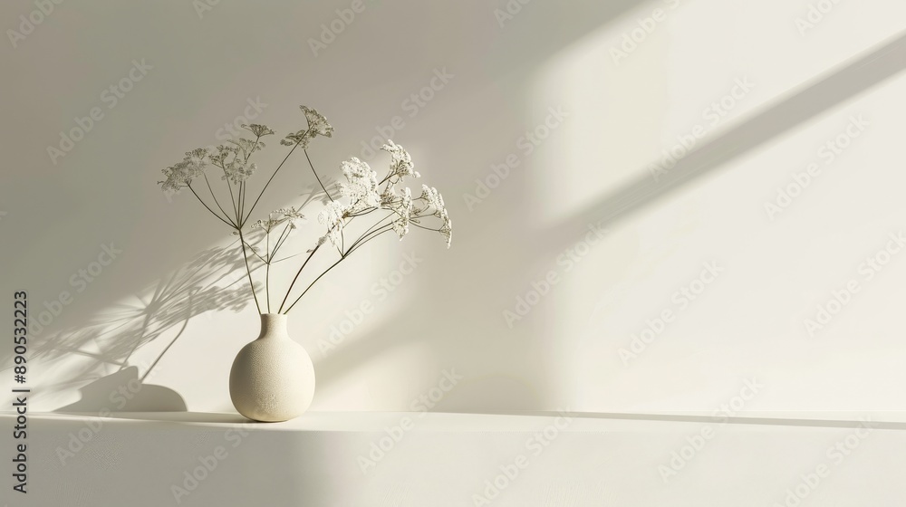 Queen Anne's Lace flowers arranged in a white vase on a shelf, bathed in soft sunlight Queen Anne's Lace flowers arranged in a white vase on a shelf, bathed in soft sunlight