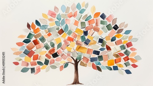 Watercolor art of a tree with books as leaves, signifying the growth of knowledge and learning mindset, warm and organic hues