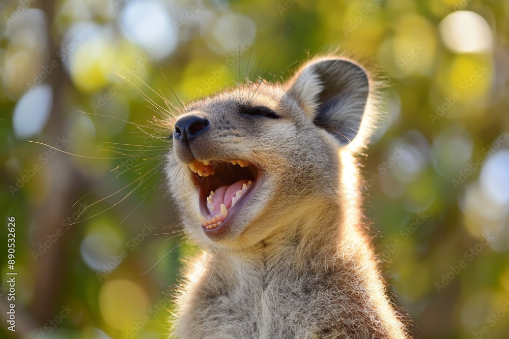 Obraz premium A happy wallaby basking in the sunshine, surrounded by fuzzy green foliage, capturing a joyful and serene moment in nature.