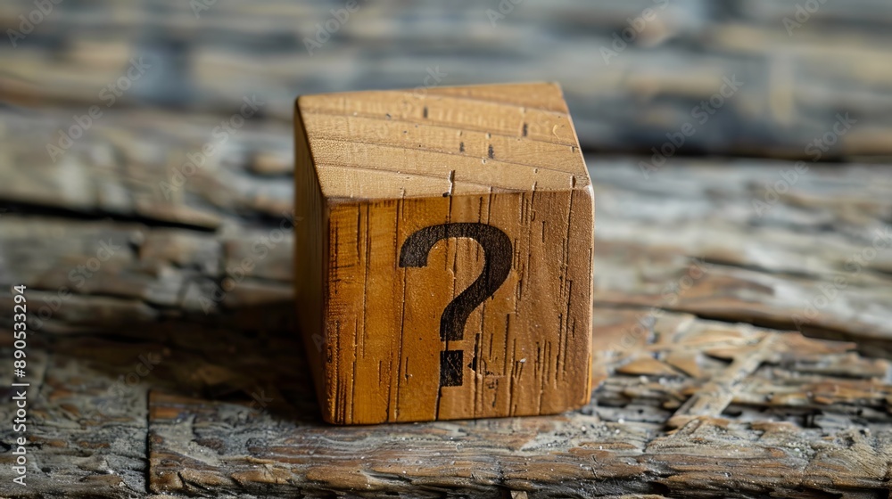 A wooden block with a question mark on a wooden table. A wooden block with a question mark on a wooden table.