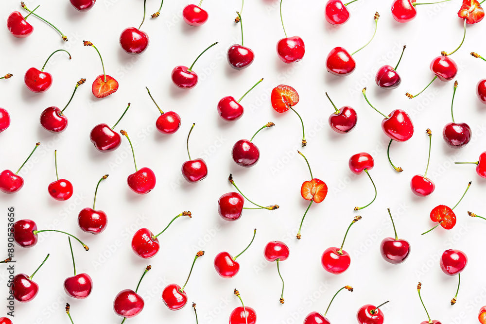 a group of cherries on a white surface a group of cherries on a white surface