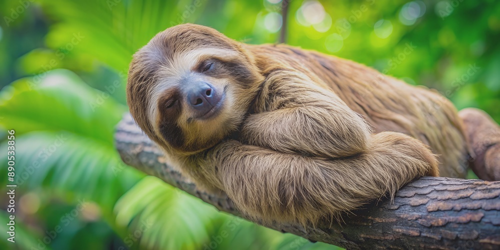 Naklejka premium Cute brown sloth sleeping on the tree AI-Created Content