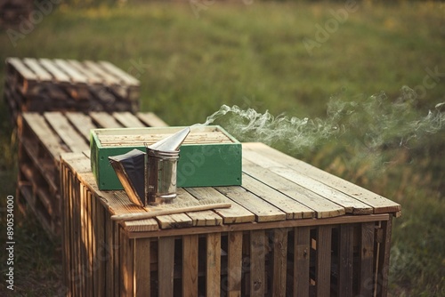 Rural and natural beekeeper, working to collect honey from hives