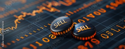 3d rendering of two black color table cylinder shaped buttons with golden text 