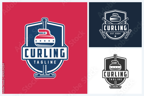 Curling logo sport design template, curling sport emblem vector, curling game tournament logo badge design vector illustration