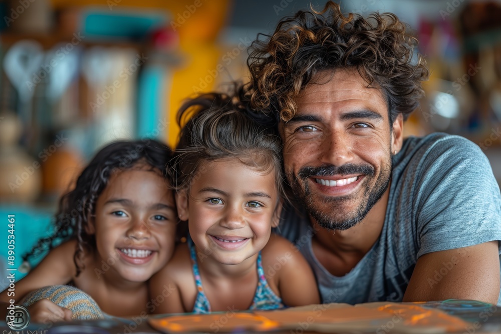 Fototapeta premium Happy Family Portrait With Two Young Girls And Their Father