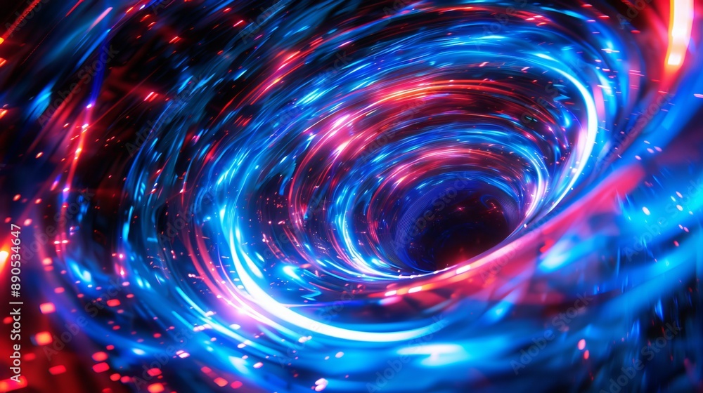Obraz premium Intense blue and red neon lights swirl together, creating a mesmerizing cosmic effect. The energy of the lights pulsates like a glowing ring, transporting you to a futuristic realm.