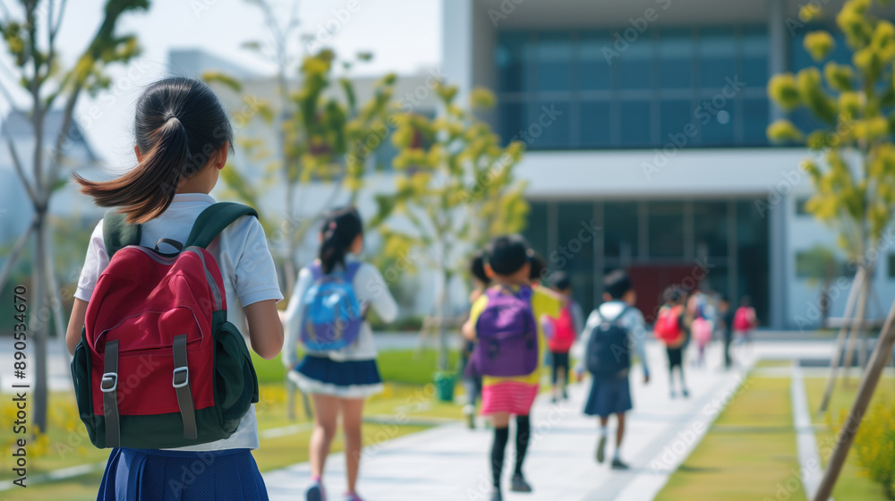 Fototapeta premium back view of schoolgirl with backpack running to school.