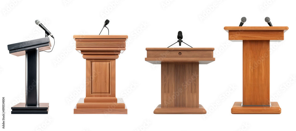Set of blank podium or speech lectern stand with microphone isolated on background, empty wooden standing table. Set of blank podium or speech lectern stand with microphone isolated on background, empty wooden standing table.