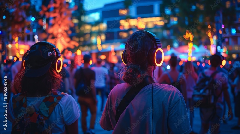 Two people wearing noise-canceling headphones stand amidst a large group of other people, all listening to music at an evening event in a city Two people wearing noise-canceling headphones stand amidst a large group of other people, all listening to music at an evening event in a city