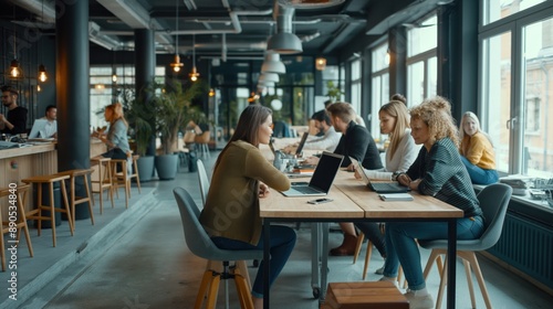 Open-plan office space with people working on laptops at communal tables. Bright, modern interior with large windows, plants, and industrial design elements.