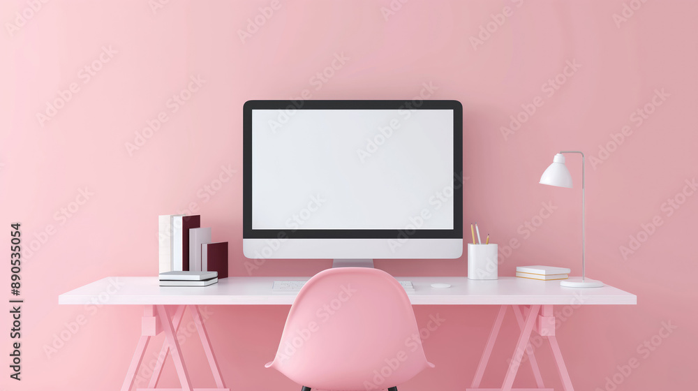 Minimalistic workspace with computer and chair. Minimalistic workspace with computer and chair.